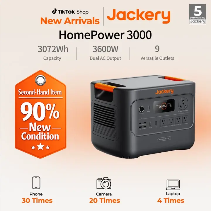 [Second-hand item in 90% new condition] Jackery HomePower 3000 Portable Power Station, 3600W (Surge 7200W) Output, 3072Wh LFP Battery Solar Generator, Essential Home Backup for Home Use, Power Outage, RV, Emergencies
