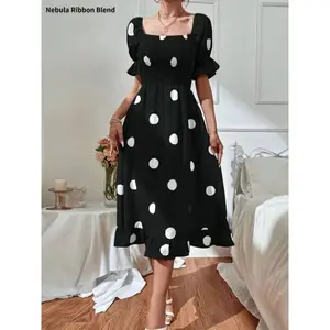 Polka Dot Slim Fit Sweet Ruffle Short Sleeve Dress for Women