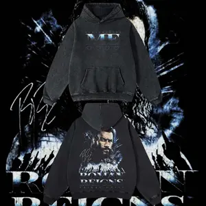 Reality.Wear Limited Menswear Pullover Hoodie - Men's WWE Roman Reigns 100% Cotton Acid-Washed Heavyweight Apparel, Oversized Round Neck Casual Sweatshirts with Seamless Graphic Print, Vintage Retro All-Season Street Style Top