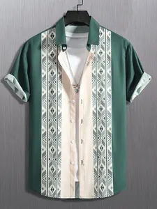 Men's Casual Short Sleeve Shirt, Ethnic Pattern Striped Print, Hawaiian Vacation Style, Summer Top, Fitted H-Type Silhouette