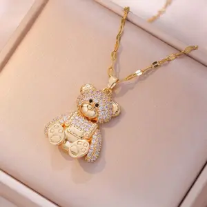 18k gold plated necklace with luxurious design, bear face, sparkling rhinestone for women, gift accessories for friends and relatives