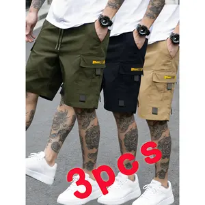 HIDKAT Men's Cargo Shorts 3-Pc Menswear Set, Mid Waist, Loose Fit, Plain, Cropped Cut, Drawstring, Cargo Pockets, Casual Summer Streetwear Multi-Colors Bottoms