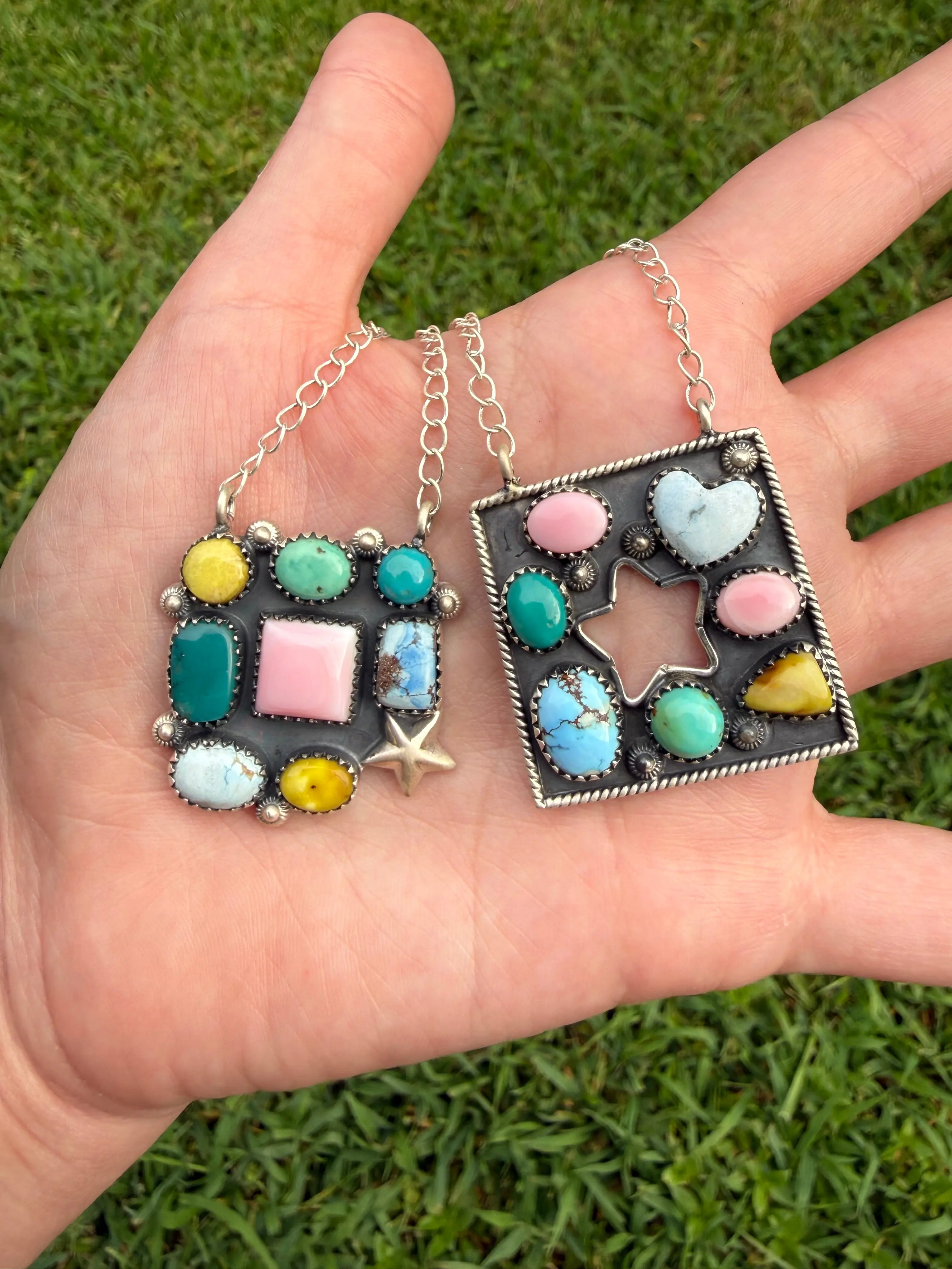 Multi Stone Star Cluster Square Sterling Silver Pendant