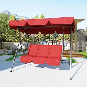 3 Seat Outdoor Porch Swing with Adjustable Canopy, Convertible Patio Swing Bed with Stand Patio SwingChair with Adjustable Tilt Shade，Red