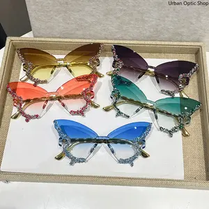 Rimless Butterfly Cat Eye Women's Sunglasses - Oversized Small Ellipse PA Plastic Frame, Female Trendy Shades with Natural Lens for Party & Daily Wear
