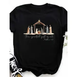 faith-based cotton T-shirt biblical nativity scene graphic tee with Mary Joseph angels scripture verse black Christian church apparel durable lightweight casual
