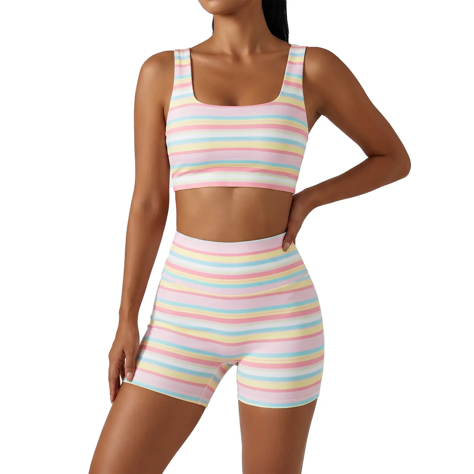 FISOEW Women&rsquo;s Rainbow Stripe 2 Piece Workout Set Sleeveless Crop Tank Top High Waist Biker Shorts Matching Lounge Outfit