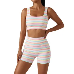 FISOEW Women’s Rainbow Stripe 2 Piece Workout Set Sleeveless Crop Tank Top High Waist Biker Shorts Matching Lounge Outfit