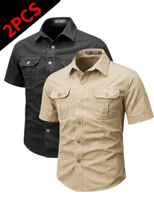 Men's Workwear 2-Piece Short Sleeve Shirt Set, Dual Chest Pockets Casual Outdoor Button-Up, Durable Workshirt with Pockets, Multiple Colors Available