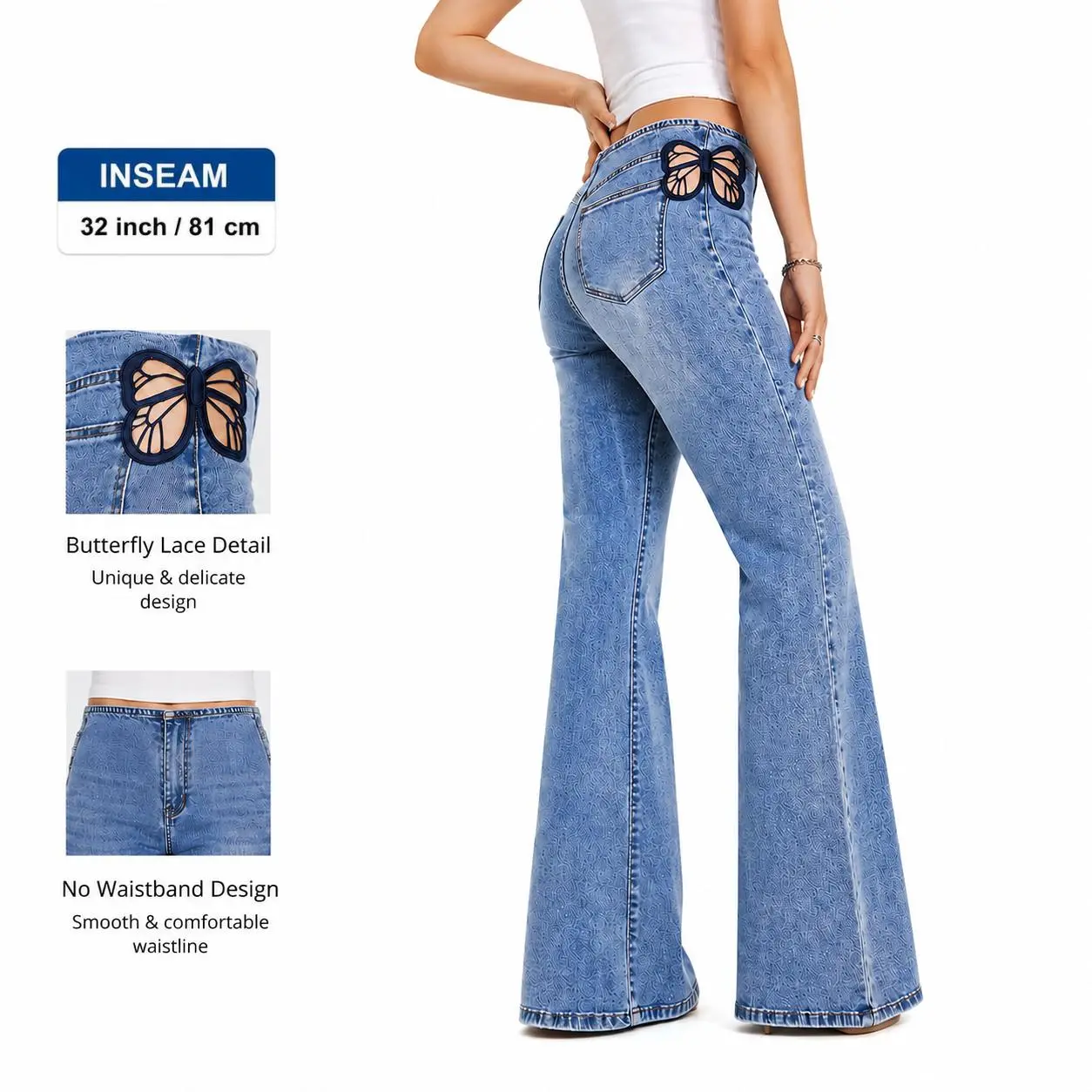 Women’s High Waisted Butterfly Flare Jeans Stretch Denim Bell Bottom Pants Embroidered Cutout Detail Y2K Feminine Chic Curvy Flattering Going Out Outfit