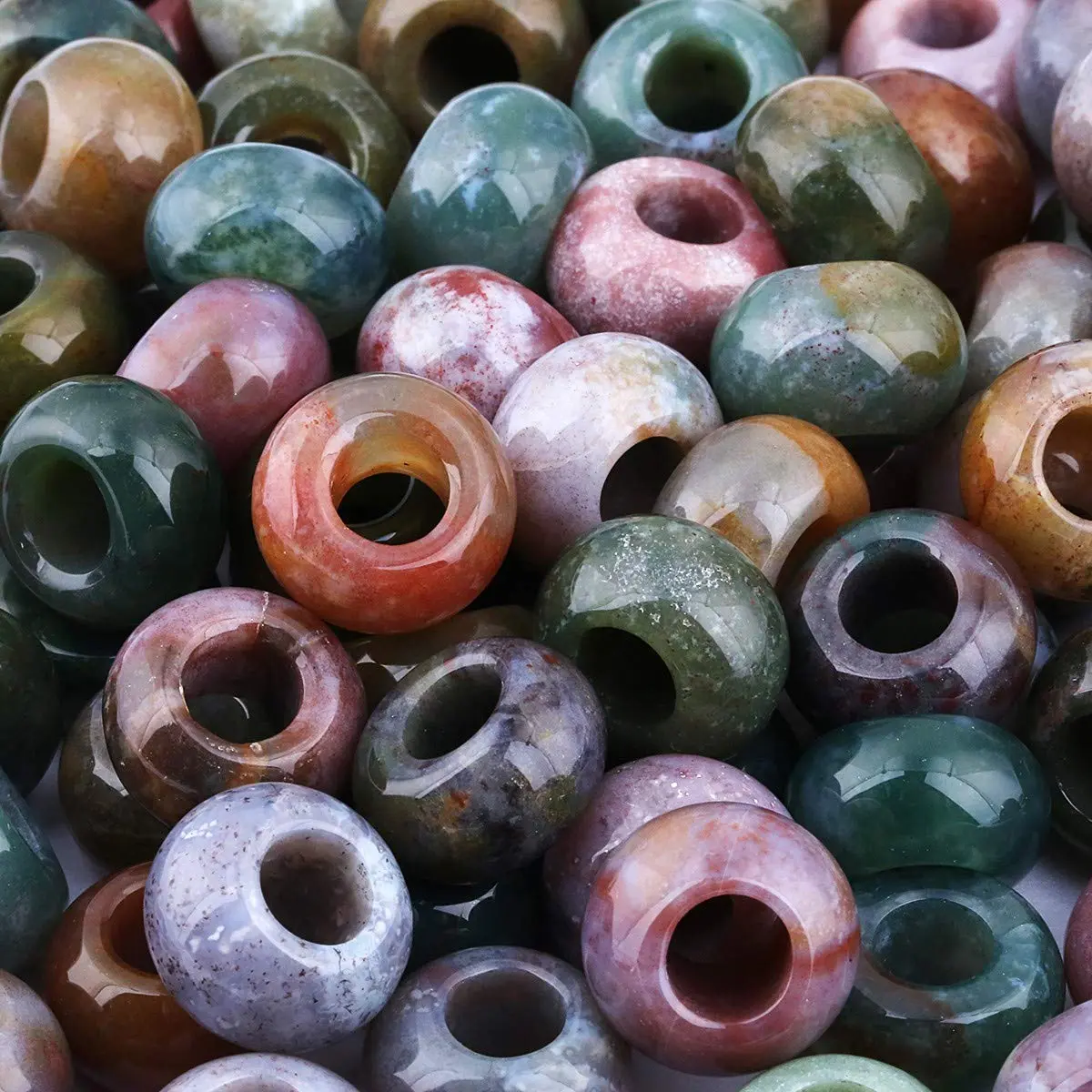 Natural Gemstone Beads for Jewelry Making, 15-Pack Rondelle Large Hole Indian Agate Loose Beads