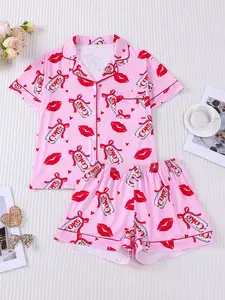 1 Set "Soda & Kisses" Valentine’s Day Pajama Set, Romantic Sleepwear, Soft Cotton Fabric, Sweet and Playful Design, Perfect for Women to Celebrate Valentine’s Day or Relax at Home