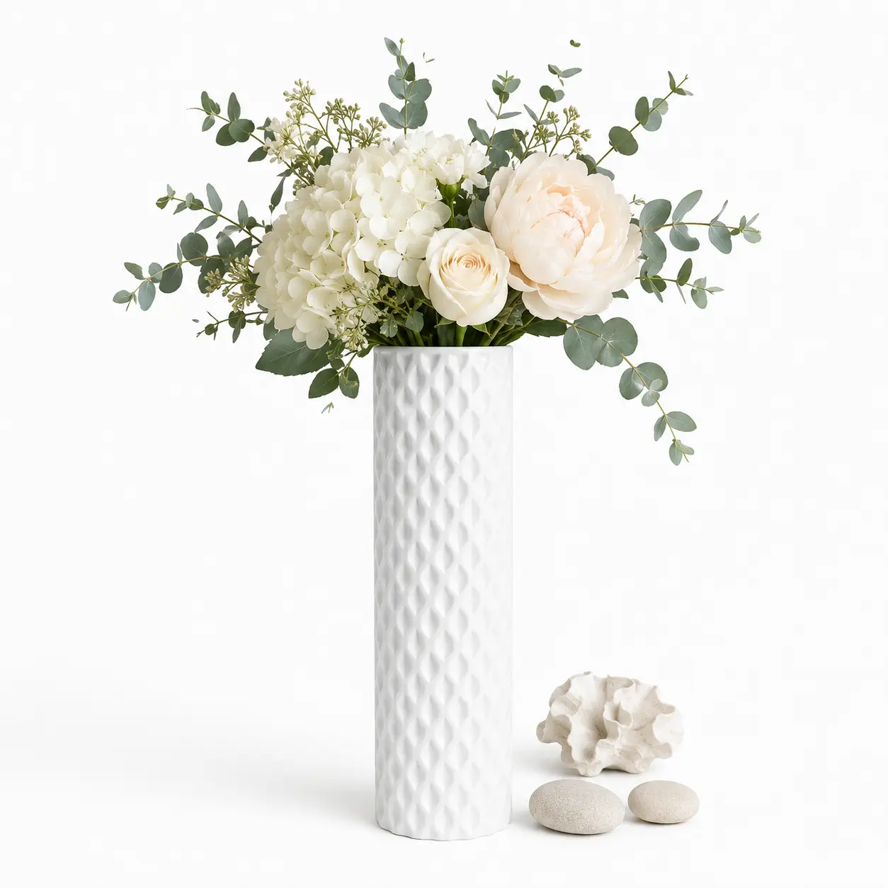 48cm Lightweight White Cylindrical Plastic Floor Vase, Embossed Diamond Texture Farmhouse Decor Vase for Dried Flowers, Entryway Living Room Home Decor