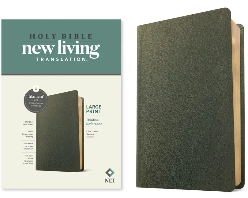 NLT Large Print Thinline Reference Bible, Filament Enabled (Genuine Leather, Olive Green, Red Letter) -- New Living Translation - Bible