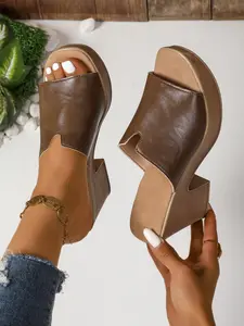 Vintage Style Wood Grain Rivet High Heel Sandals, Women's Summer Waterproof Platform One Strap Shoes, Fashionable Low Ankle Height High Heels Sandal