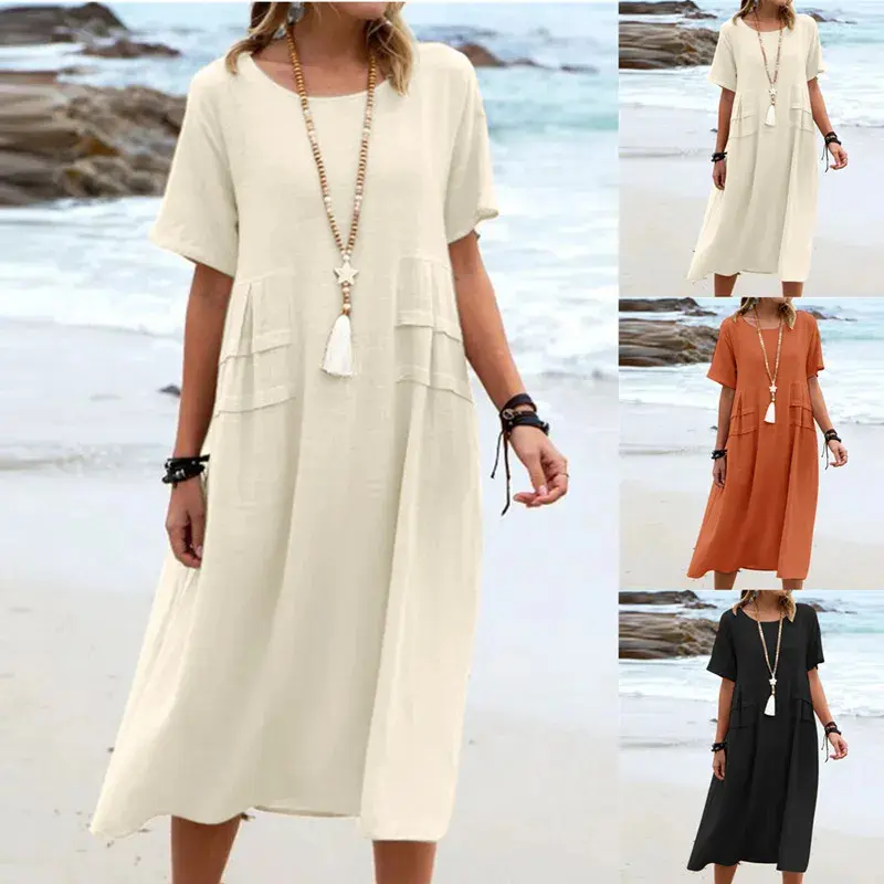 Women's Summer Loose Casual Midi Dress Breathable Cotton Linen Short-sleeve Mid-length Dresses Women Simple Beach Dress - TikTok Shop Women's Summer Loose Casual Midi Dress Breathable Cotton Linen Short-sleeve Mid-length Dresses Women Simple Beach Dress - TikTok Shop