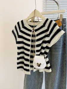 Women's Casual Commuter Slim Knit Top, & Striped Zipper Short Sleeve, Summer Fashion, Comfortable and Stylish, Everyday