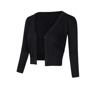 Solid Button-Up Knit Crop Cardigan, 3/4 Sleeve Bolero Sweater for Spring & Fall, Women's Casual Clothing Collar Fabric Tops Knitwear summer outfits chayce dress standing stretch Fitted Knitting Womenswear Polyester Batwing Grey Strap Vneck