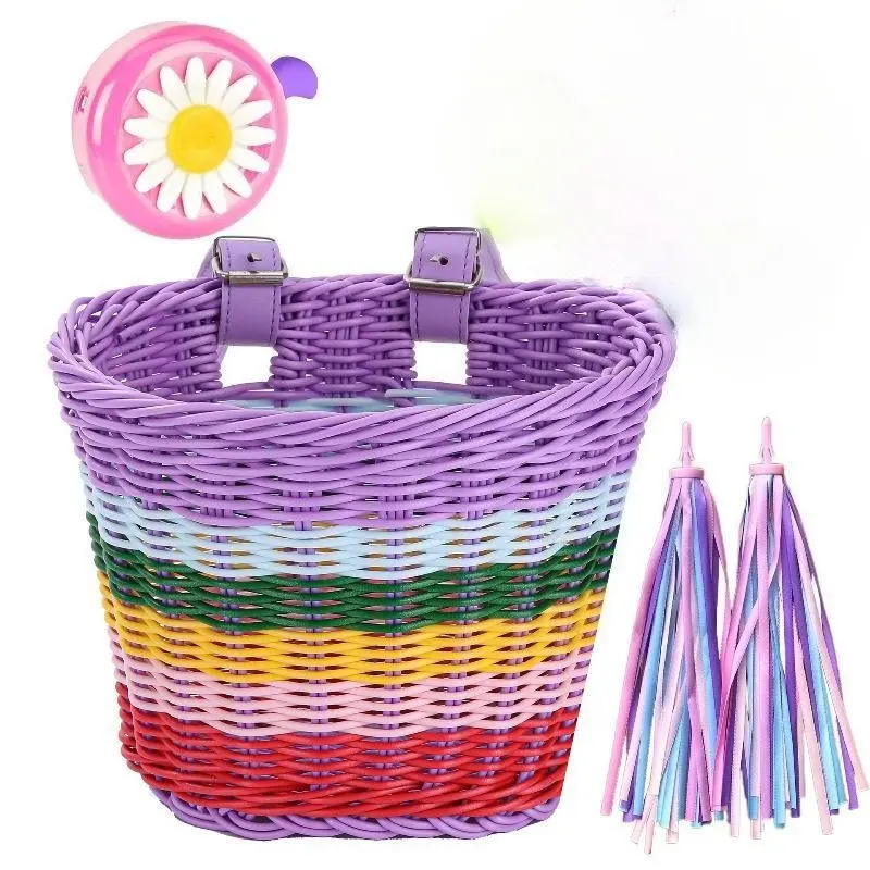 Kids Bicycle Front Handlebar Basket - Christmas Youth & Children’s Adjustable Hand-Woven Wicker Multi-Color Faux Leather Artificial Plastic Accessory Kit with Tassels, Streamers, Bell, Windmill, Wheel Beads, Stickers for DIY Bike/Scooter Decoration, 21Cm,