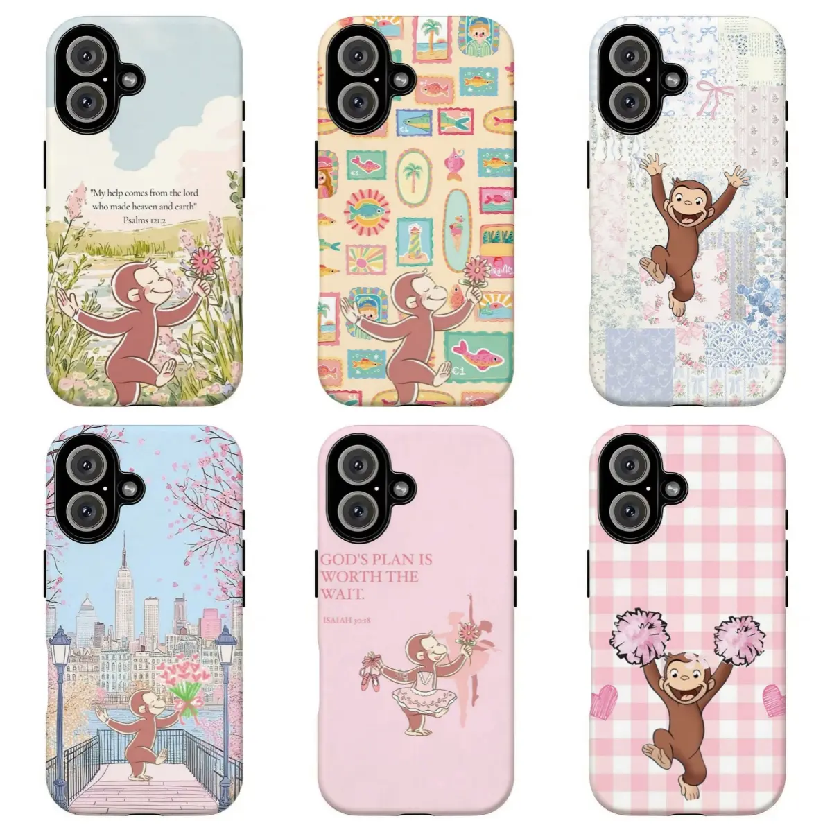 FL-Curious Georgeee Christian Bible Verse Phone Case,Cute Cartoon Monkey Phone Case,Coquette Floral Monkey Protective Cover for Religious & Cottagecore Fans For iPhone 11 12 13 14 15 16 17 Air Pro Max for Samsung S26 S25 S24 S23 S22 S21 Case