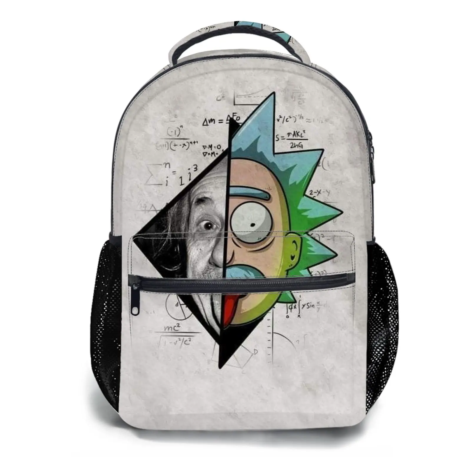 Student Schoolbag Childrens Schoolbag High Quality Schoolbag Gift For Anime Rick And Morty Split Face Math Formula Print Durable Fabric Mesh Side Pockets Zipper Closure For Teens Students Daily Use