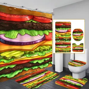 4 Pcs Giant Burger Bathroom Curtain Sets with 12 Hooks,Double Patty Fast Food Large Waterproof Thickened Mildew Proof Bathroom Partition Curtain,Bathroom Shower Curtain,Toilet Lid Cover,Non-Slip Bathroom Rugs and U Shape Bath Mat,Modern Decor