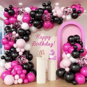 115Pcs Pink And Black Balloon Garland Arch Kit - Hot Pink Pastel Pink Black White And Confetti Latex Balloons For Girls Women Birthday Baby Shower Wedding Princess Mouse Theme Party Decorations