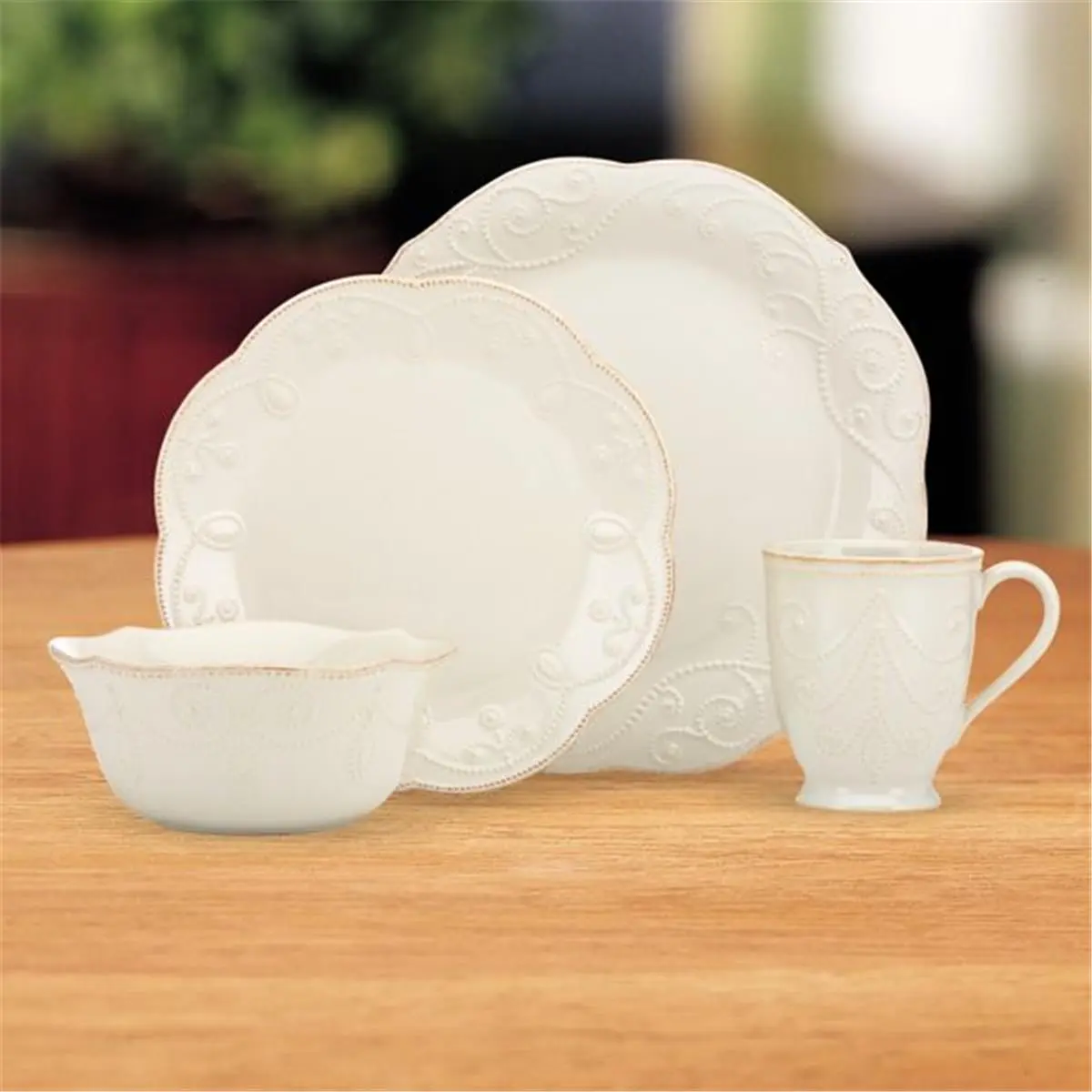 212 MAIN Lenox French Perle White Stoneware 4-Piece Dinner Set Place Setting - Beaded Motif, 12 oz Cup, All-Purpose Bowl, Microwave-Safe, Dishwasher-Safe, Includes Dinner Plate, Accent Plate for Everyday & Formal Occasions