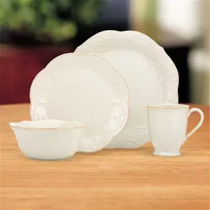 212 MAIN Lenox French Perle White Stoneware 4-Piece Dinnerware Place Setting - Tableware with Beading Motif, Microwave-Safe, Includes Bowl, Mug, Plate for Everyday Use