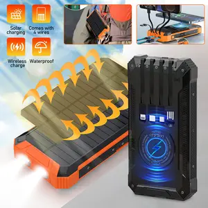 Portable Solar Charger 10000mAh Wireless Fast Charging Power Bank 4 Built-in Cables LED Flashlight Fast Charging Portable Charger with 4 Cables, LED Flashlight for Camping, Travel and Emergencies