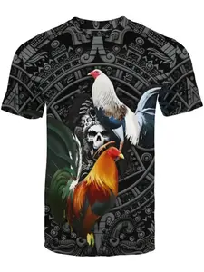 3D full print rooster Mexican flag, Aztec pattern 3D shirt, perfect Mexican shirt, 2025 trendy daily versatile Casual men's summer Round Neck T-shirt, Streetwear, Menswear, Top, Tropical, Soft, Casual Street Fashion