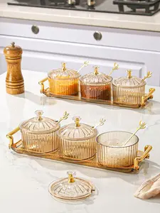 4pcs/Set (3 Cans & 1 Tray Spoon) Iron & Plastic Kitchen Spice Jars, Storage Containers For Salt, Sugar, Spices, Chili Powder For Home, Living Room, Dining Room Bottles Tin