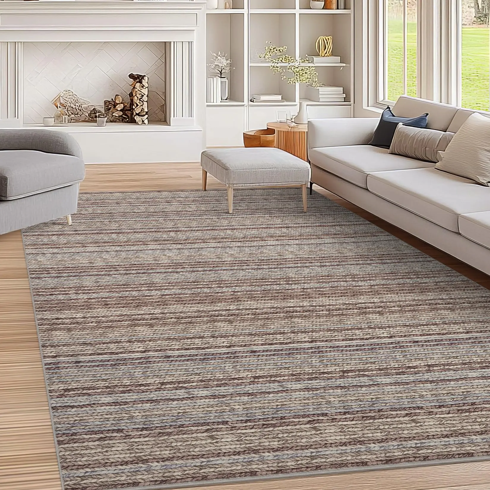 【GARVEE】Washable Rugs 8x10 Area Rug Modern Ombre Rugs for Living Room Soft Ultra Thin Large Area Rugs Non-Slip Striped Rug for Bedroom Printed Braid Abstract Carpet for Office Home, Camel