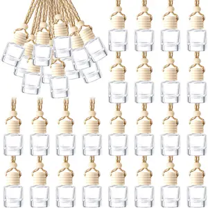 50 Pcs Hanging Car Air Freshener Car Diffuser Bottles Empty Glass Perfume Bottle Freshener Diffuser Bottle Pendant for Essential Oil Fragrance Aromatherapy Bottle Ornament (Cylinder)