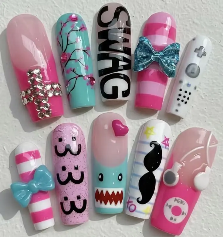 Y2K Scene Press On Nails | Retro Tech Graffiti Domo Bow Headphones 3D Gel Handmade Kawaii Nail Art with Gift Set (Adhesive Tabs, Nail File, Cuticle Stick) | Reusable Fake Nails