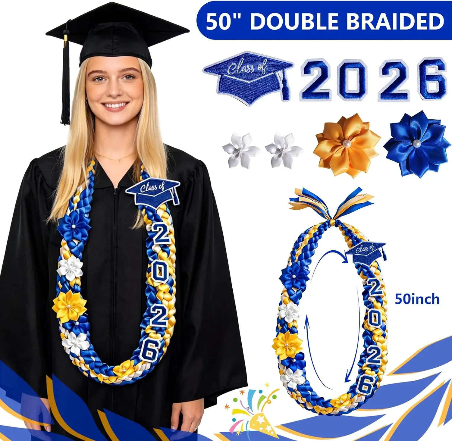 Class of 2026 Handmade Graduation Lei | Floral Satin Ribbon Hawaiian Lei with Grad Cap Charm | 2026 Senior High School College Graduation Gift Ceremony Accessory,with 4 Satin Flowers,  Gift for Graduation Ceremony, Elegant Lei for Women & Men