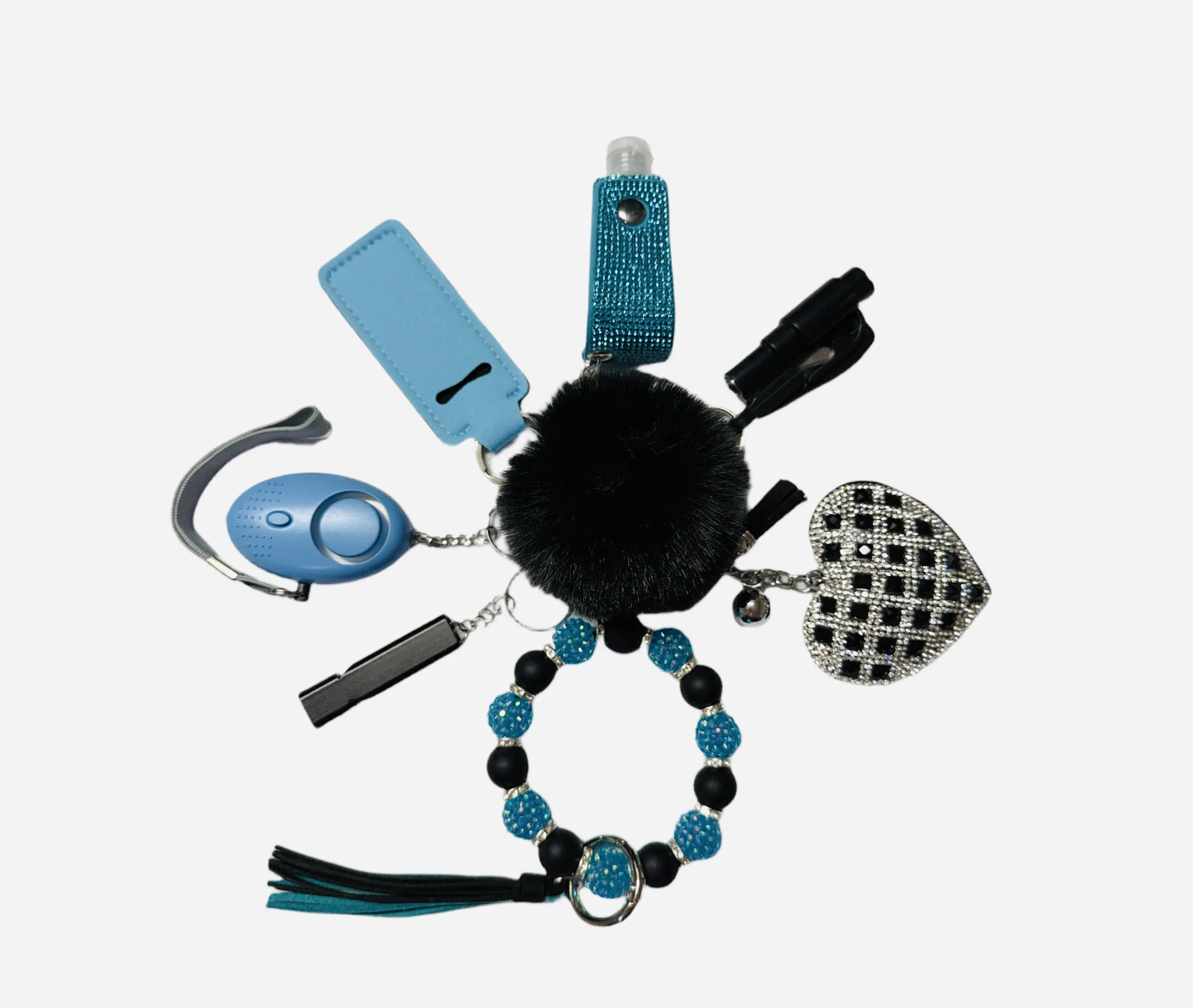 Teal and Black Safety and Accessory Keychain Set with Silicone Beads