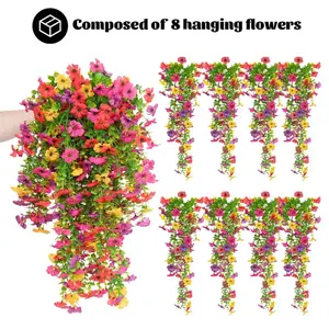 8 PCS Faux Silk Daisy with Eucalyptus Leaves, Artificial Fake Hanging Flowers Plants for Outdoor Autumn Decoration,UV Resistant Look Real Long Trailing Vines for Outside Home Indoor Planter Porch Patio Balcony Yard Decor