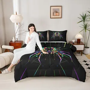 Tarantula Spider Web Gothic Comforter Set,Western Happy Halloween Kids Bedding Set,Magical Psychedelic Modern Quilt Comforter,Rainbow Watercolor Colorful Duvet Insert