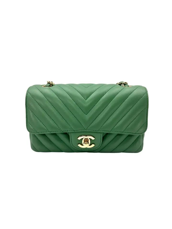 Pre-owned CHANEL leather Crossbody Bags Classic Flap Green Chevron Quilted Lambskin Mini Shoulder Bag(23***32) CC2426