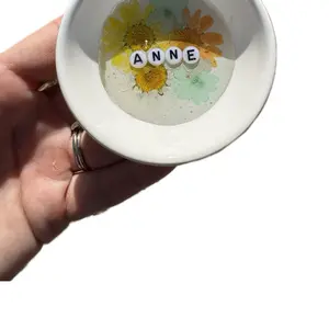 Custom name dish with pressed flowers