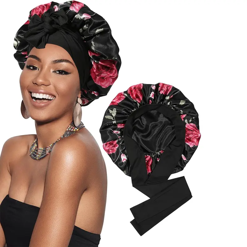 Unisex Satin Hair Bonnet - Double-Layer Sleep Bonnet with Adjustable Wide Elastic Tie Band, Moisture Lock, Anti-Frizz, Casual Use for All Hair Types
