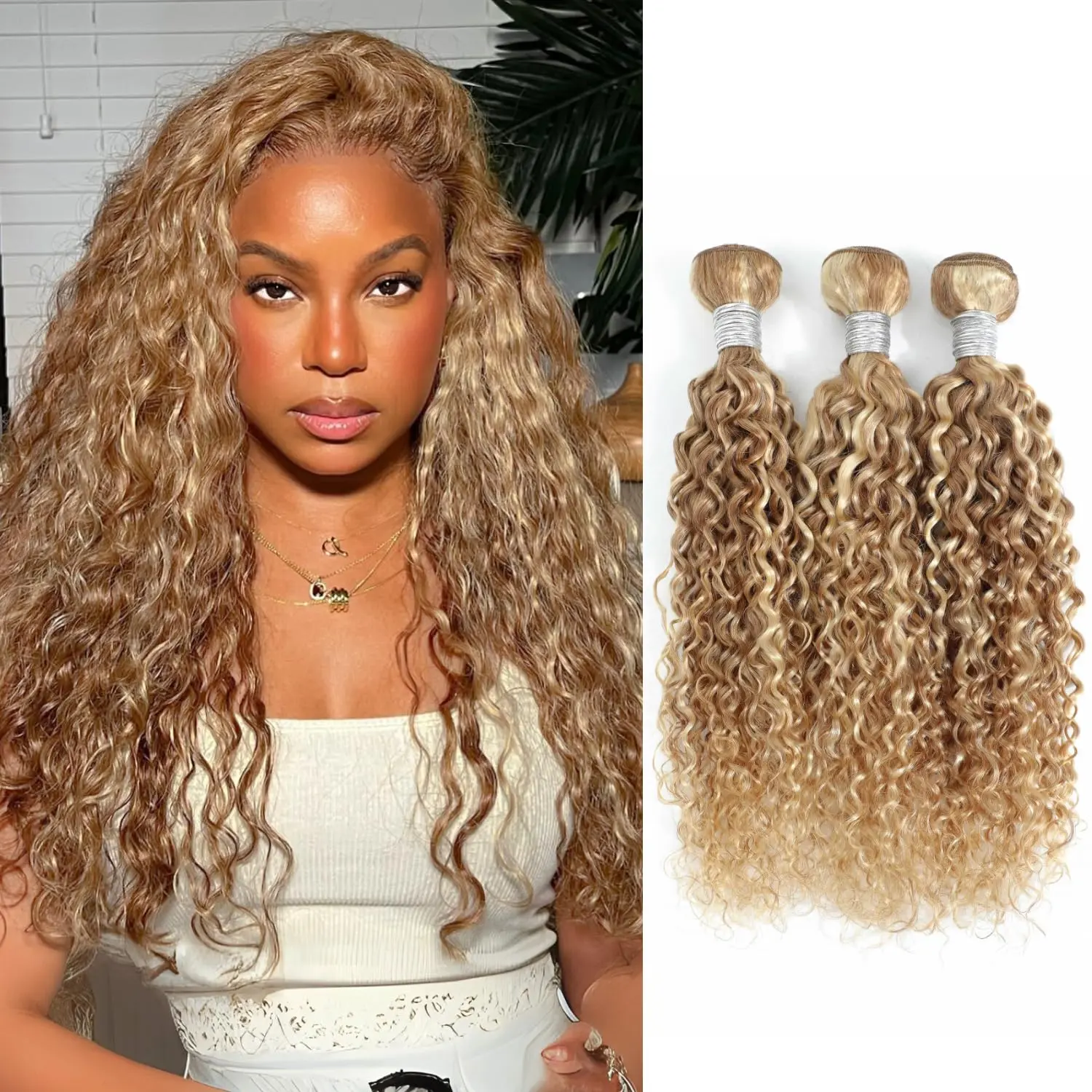 ALHER F27/613 Ombre Blonde 3 Bundle Human Hair Water Wave 18/20/22 Inch, 13A Grade Highlighted Multi-Blonde Human Hair Wet n Wavy Curly Bundles 100% Raw Brazilian Silky Colored Hair Weaves Extension