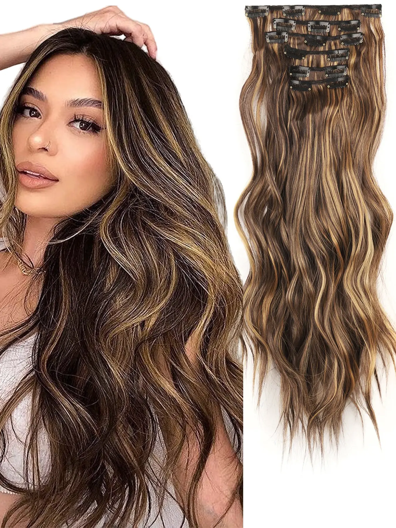 6-Piece Natural Wave Long Hair Extensions, Clip-In Hair Clips, Invisible Hair Clamps, 24 Inch Loose Synthetic Hair Pieces for Women