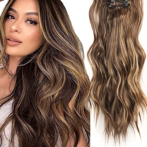 6-Piece Natural Wave Long Hair Extensions, Clip-In Hair Clips, Invisible Hair Clamps, 24 Inch Loose Wavy Synthetic Hairpieces for Women