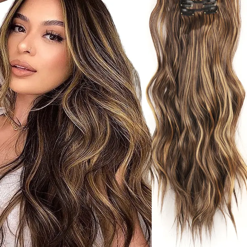 6-Piece Natural Wave Long Hair Extensions, Clip-In Hair Clips, Invisible Hair Clamps, 24 Inch Loose Wavy Synthetic Hairpieces for Women