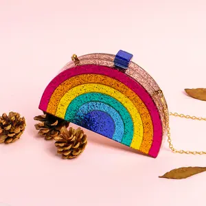 Multicolor Clutch Bag Glitter Striped Evening Bag Half Moon Acrylic Purse with Detachable Strap Shoulder Crossbody Bag for Wedding Prom Party