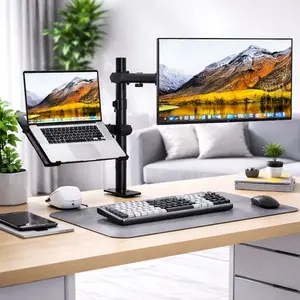 UPGRAVITY Monitor Arm + Laptop Tray Mount (13–27” Screens) – Dual Screen Ergonomic Setup, 360° Rotation, C-Clamp/Grommet