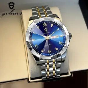 GOHUOS Men Watch Water Diamond Luxury Night Glow Double Calendar Quartz Movement Sliver gold blue Waterproof Stainless Steel Fashion Business Watch