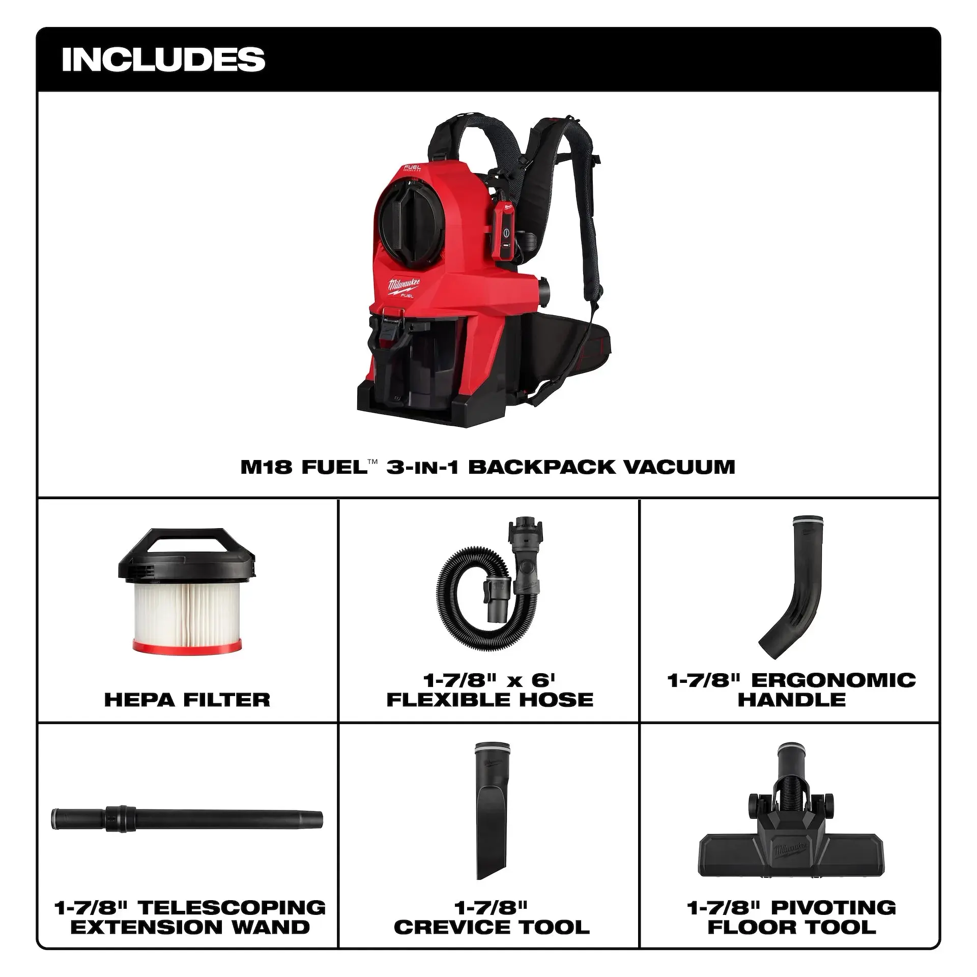 Milwaukee 0895-20 M18FUEL 18VL HEPA Multisurface 1 Gal. Cordless Backpack Vacuum